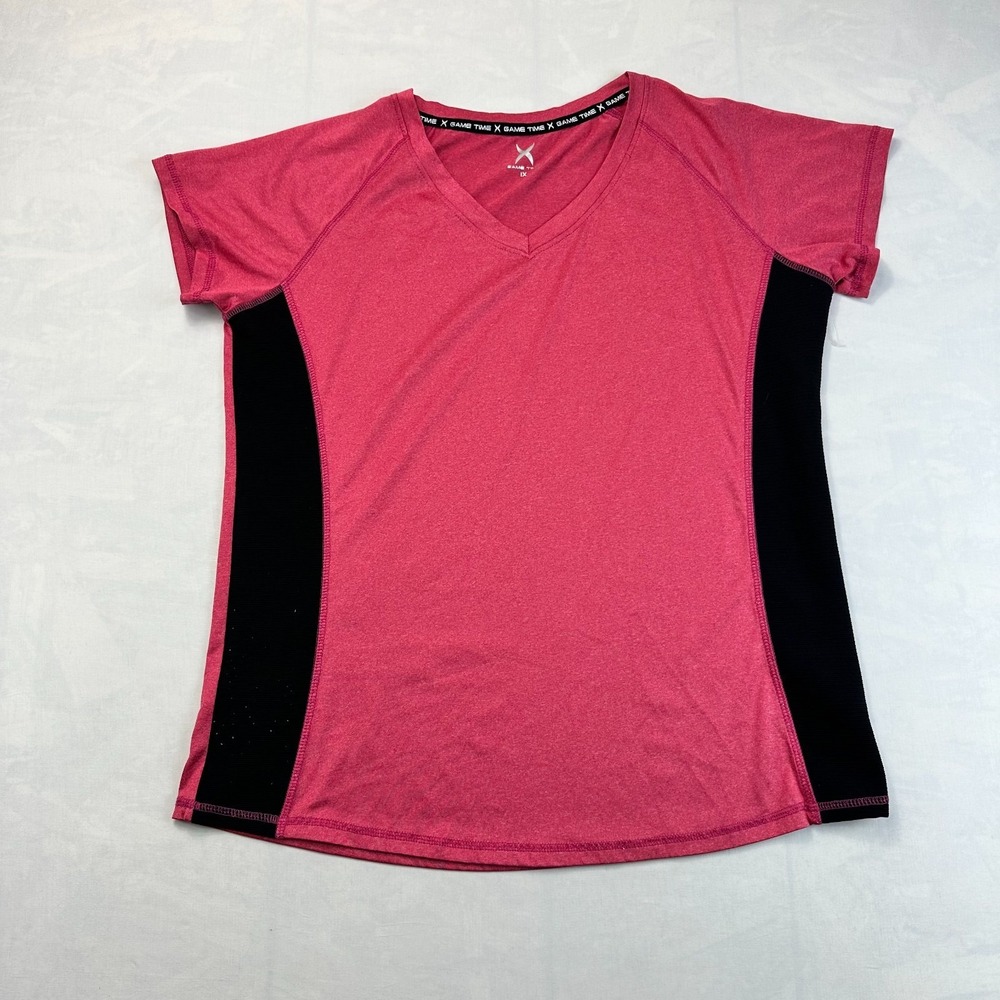 Game Time Athletic Top Womens 1X Pink Performance Short Sleeve V-Neck Pullover